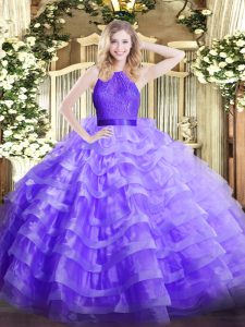 Organza Scoop Sleeveless Zipper Ruffled Layers Quinceanera Gowns in Lavender