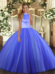 Blue Tulle Backless Quinceanera Gown Sleeveless Floor Length Beading