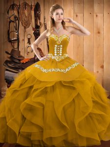 Designer Gold Lace Up Quince Ball Gowns Embroidery and Ruffles Sleeveless Floor Length