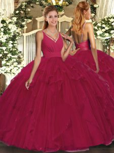 Top Selling Wine Red Organza Backless V-neck Sleeveless Floor Length 15 Quinceanera Dress Ruffles