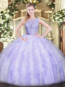 Floor Length Backless Quince Ball Gowns Lavender for Military Ball and Sweet 16 and Quinceanera with Beading and Ruffles