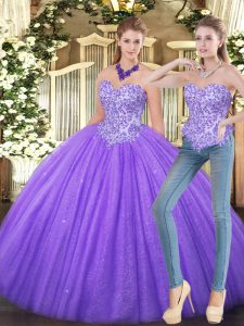 Low Price Sweetheart Sleeveless Quinceanera Gown Floor Length Appliques Eggplant Purple Tulle