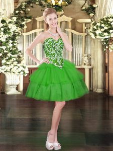 Delicate Green Ball Gowns Sweetheart Sleeveless Organza Mini Length Lace Up Beading and Ruffled Layers Prom Dress