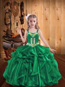 Excellent Turquoise Straps Neckline Beading and Embroidery and Ruffles Little Girls Pageant Dress Sleeveless Lace Up
