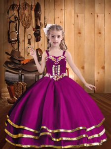 Fuchsia Lace Up Little Girl Pageant Gowns Beading and Ruffled Layers Sleeveless Floor Length