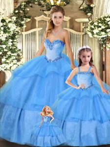 Baby Blue Sweetheart Lace Up Beading and Ruffled Layers Quinceanera Gown Sleeveless