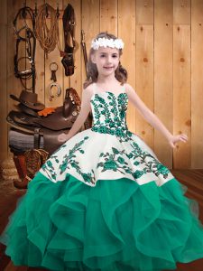Latest Turquoise Organza Lace Up Pageant Gowns Sleeveless Embroidery and Ruffles
