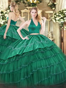Dark Green Organza and Taffeta Zipper Halter Top Sleeveless Floor Length Vestidos de Quinceanera Embroidery and Ruffled 