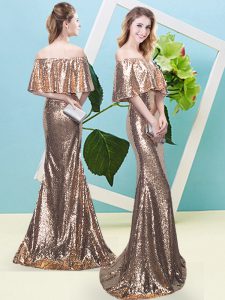 Gold Half Sleeves Floor Length Sequins Zipper Prom Evening Gown