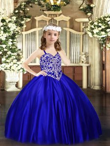 Satin Straps Sleeveless Lace Up Beading Girls Pageant Dresses in Royal Blue