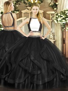 Glamorous Black Halter Top Backless Ruffles Sweet 16 Quinceanera Dress Sleeveless