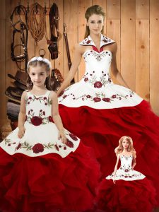 Floor Length Lace Up Sweet 16 Dresses Wine Red for Military Ball and Sweet 16 and Quinceanera with Embroidery and Ruffle