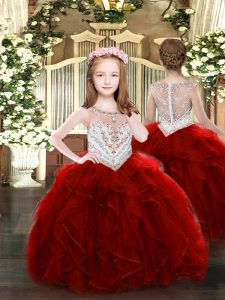 Beading and Ruffles Pageant Dress for Girls Wine Red Zipper Sleeveless Floor Length