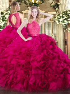 Affordable Lace Ball Gown Prom Dress Hot Pink Zipper Sleeveless Floor Length
