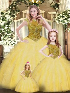 Gold Ball Gowns Organza Scoop Sleeveless Beading and Ruffles Floor Length Lace Up 15 Quinceanera Dress