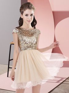 Champagne A-line Sequins Bridesmaid Dresses Zipper Tulle Cap Sleeves Mini Length