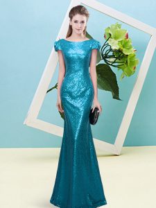 Top Selling Cap Sleeves Zipper Floor Length Sequins Prom Evening Gown