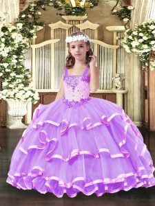 High End Lilac Child Pageant Dress Party and Quinceanera with Beading and Ruffled Layers Straps Sleeveless Lace Up