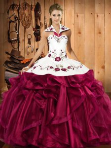 Sexy Floor Length Fuchsia Quinceanera Dresses Satin and Organza Sleeveless Embroidery and Ruffles