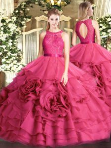 Latest Hot Pink Zipper Scoop Lace Ball Gown Prom Dress Fabric With Rolling Flowers Sleeveless