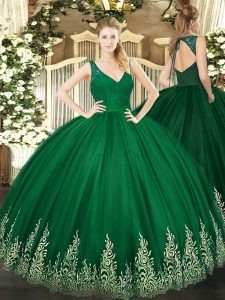 Floor Length Zipper Quinceanera Gown Dark Green for Sweet 16 and Quinceanera with Beading and Appliques