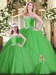 Green Sleeveless Floor Length Beading Lace Up 15 Quinceanera Dress