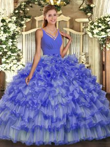 Lavender Organza Backless V-neck Sleeveless Floor Length Quinceanera Dresses Ruffled Layers