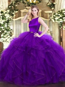 Super Purple Sleeveless Floor Length Ruffles Clasp Handle Quinceanera Gown