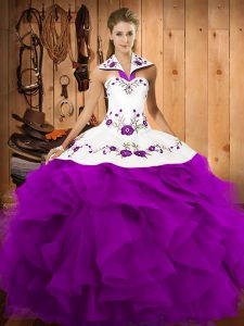 Glamorous Purple Ball Gown Prom Dress Military Ball and Sweet 16 and Quinceanera with Embroidery and Ruffles Halter Top 