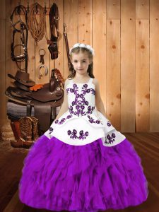 Elegant Organza Straps Sleeveless Lace Up Embroidery and Ruffles Girls Pageant Dresses in Eggplant Purple