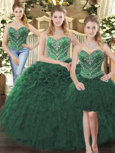 Top Selling Dark Green Ball Gowns Beading and Ruffles Sweet 16 Quinceanera Dress Lace Up Tulle Sleeveless Floor Length