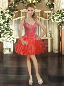 Mini Length Red Prom Dresses Tulle Sleeveless Beading and Ruffles