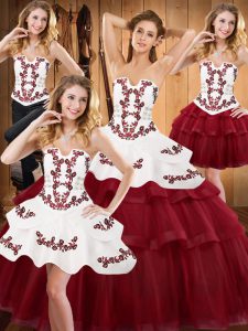 Wonderful Burgundy Sleeveless With Train Embroidery and Ruffled Layers Lace Up Sweet 16 Quinceanera Dress