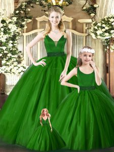 Green Ball Gowns Embroidery Quinceanera Gowns Zipper Tulle Sleeveless Floor Length