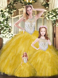 Floor Length Lace Up Sweet 16 Dress Gold for Military Ball and Sweet 16 and Quinceanera with Beading and Ruffles
