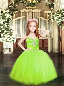 Spaghetti Straps Sleeveless Tulle Pageant Gowns For Girls Beading Lace Up