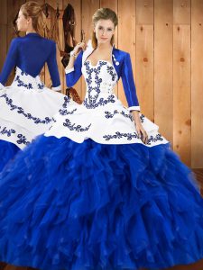 Blue And White Lace Up Sweet 16 Dress Embroidery and Ruffles Sleeveless Floor Length