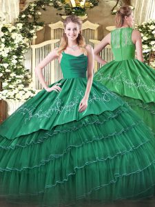 Gorgeous Green Ball Gowns Organza Straps Sleeveless Embroidery and Ruffled Layers Floor Length Zipper Vestidos de Quince