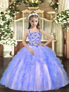 Customized Floor Length Light Blue Pageant Gowns For Girls Straps Sleeveless Lace Up