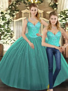 Turquoise Two Pieces Tulle Straps Sleeveless Beading Floor Length Lace Up Quince Ball Gowns