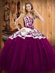Decent Fuchsia Ball Gowns Embroidery Quinceanera Dresses Lace Up Satin and Tulle Sleeveless Floor Length