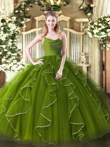 Pretty Olive Green Organza Zipper Quinceanera Gown Sleeveless Floor Length Ruffles