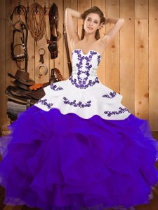 Flare White And Purple Sleeveless Floor Length Embroidery and Ruffles Lace Up Quince Ball Gowns