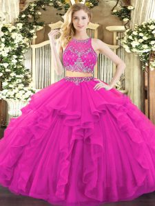 Sleeveless Floor Length Beading and Ruffles Zipper Quinceanera Gowns with Fuchsia