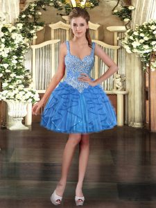 Baby Blue Ball Gowns Straps Sleeveless Tulle Mini Length Lace Up Beading and Ruffles Evening Dress