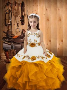 Gold Ball Gowns Organza Straps Sleeveless Embroidery and Ruffles Floor Length Lace Up Kids Formal Wear