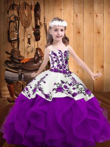 Floor Length Lace Up Pageant Dress Toddler Purple for Sweet 16 and Quinceanera with Embroidery and Ruffles