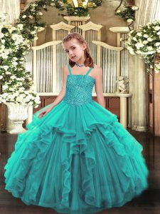 Teal Straps Lace Up Beading and Ruffles Pageant Dress for Teens Sleeveless