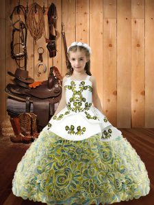 Beauteous Straps Sleeveless Fabric With Rolling Flowers Kids Pageant Dress Embroidery Lace Up