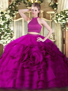 Lovely Fuchsia Backless Halter Top Beading and Ruffles Quinceanera Gown Tulle Sleeveless